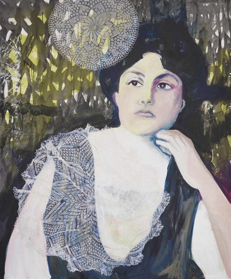 Ema, 2019, akryl a krajka na plátně, 140 x 170 cm 