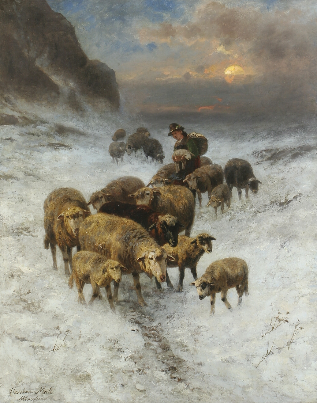 Christian Friedrich Mali, Flock of sheep returning in moonlight, oil on canvas, Inv. nr. O00203