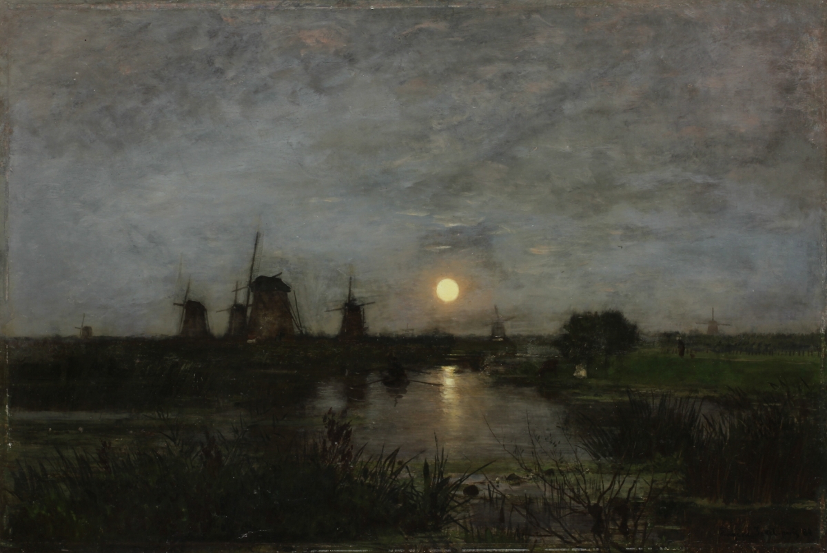 Eugen Jettel, Měsíční krajina s větrníky, 1884, olej, dřevo, Inv. č. O00132