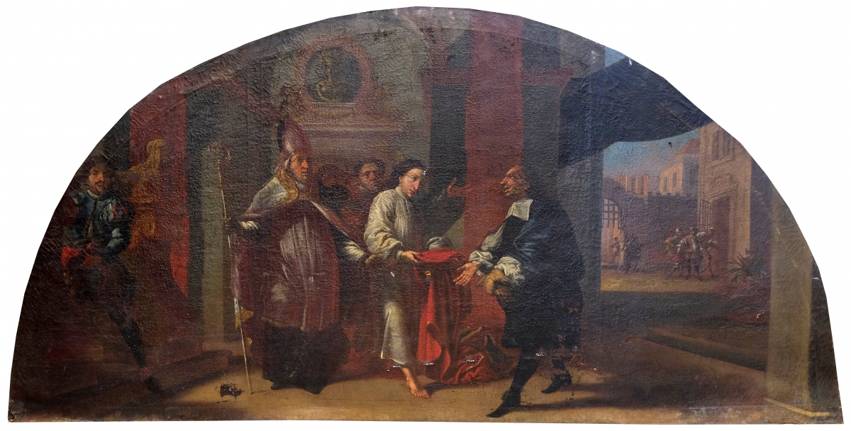 Sv. František vrací vyčítajícímu otci svůj oděv, 1718–1725, olej na plátně, luneta, 92 x 182 cm
