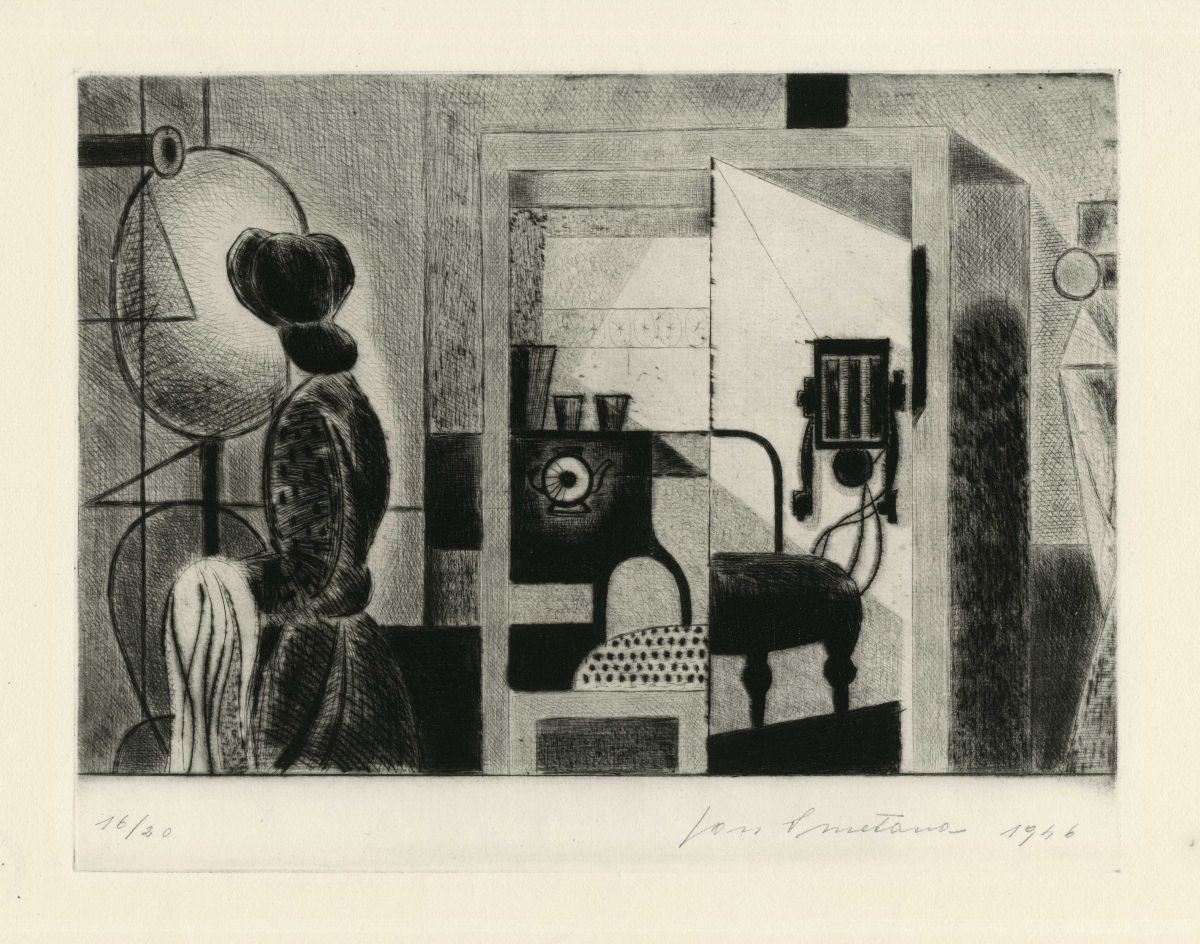 Jan Smetana, Interiér, 1946, suchá jehla, papír, 24,5 x 31,8 cm, inv. č. G 11 594.